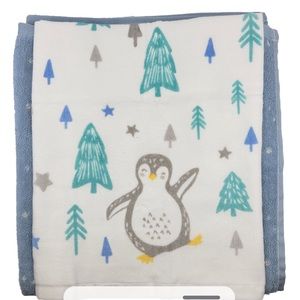 NWT Marmalade Holiday Penguin 2 Piece Hand Towel & Bath Towel Set in Blue Snow